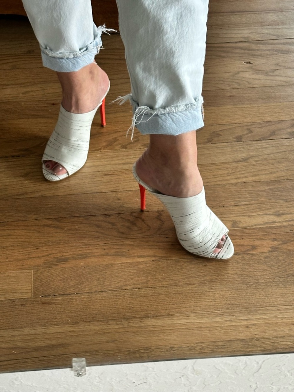 Calvin Klein- White Open-Toe Mule Heels with Orange Stiletto - Women's